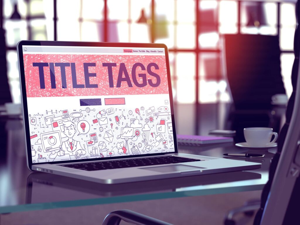 Laptop Screen with Title Tags Concept for website title SEO.