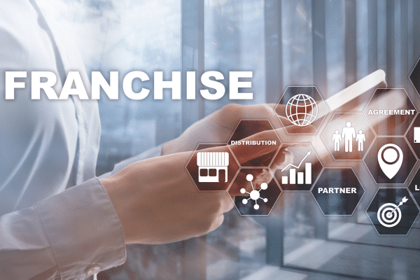 photo of person working on franchise link building with franchise icons and the word franchise around them