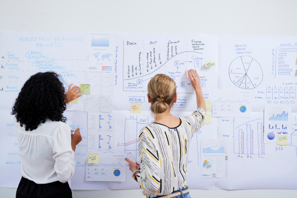 Digital marketer planning a strategy board for content marketing in 2025