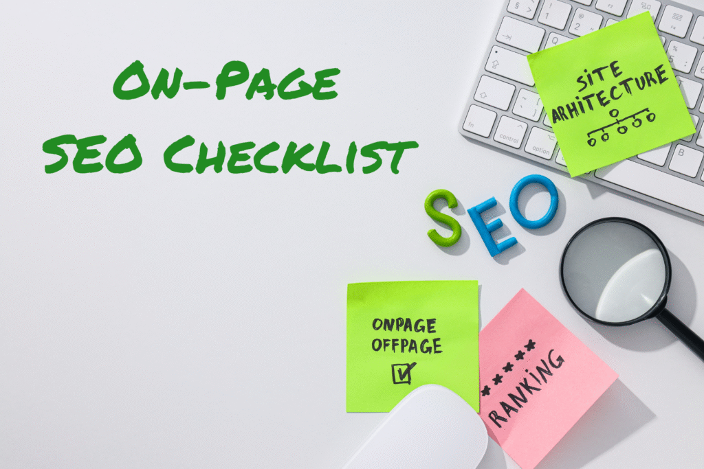 Checklist graphic highlighting on-page SEO checklist items like titles and meta tags for SEO in 2025